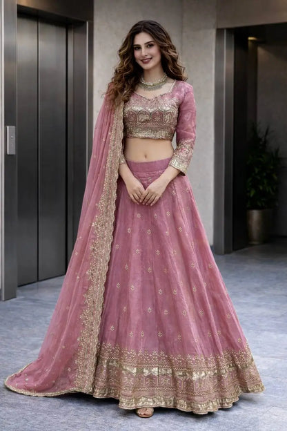 Two Tone Fandy Silk Embroidered Lehenga Choli Set for Wedding and Festive Wear