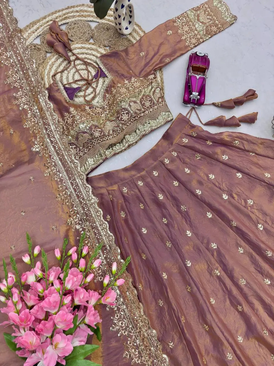 Two Tone Fandy Silk Embroidered Lehenga Choli Set for Wedding and Festive Wear