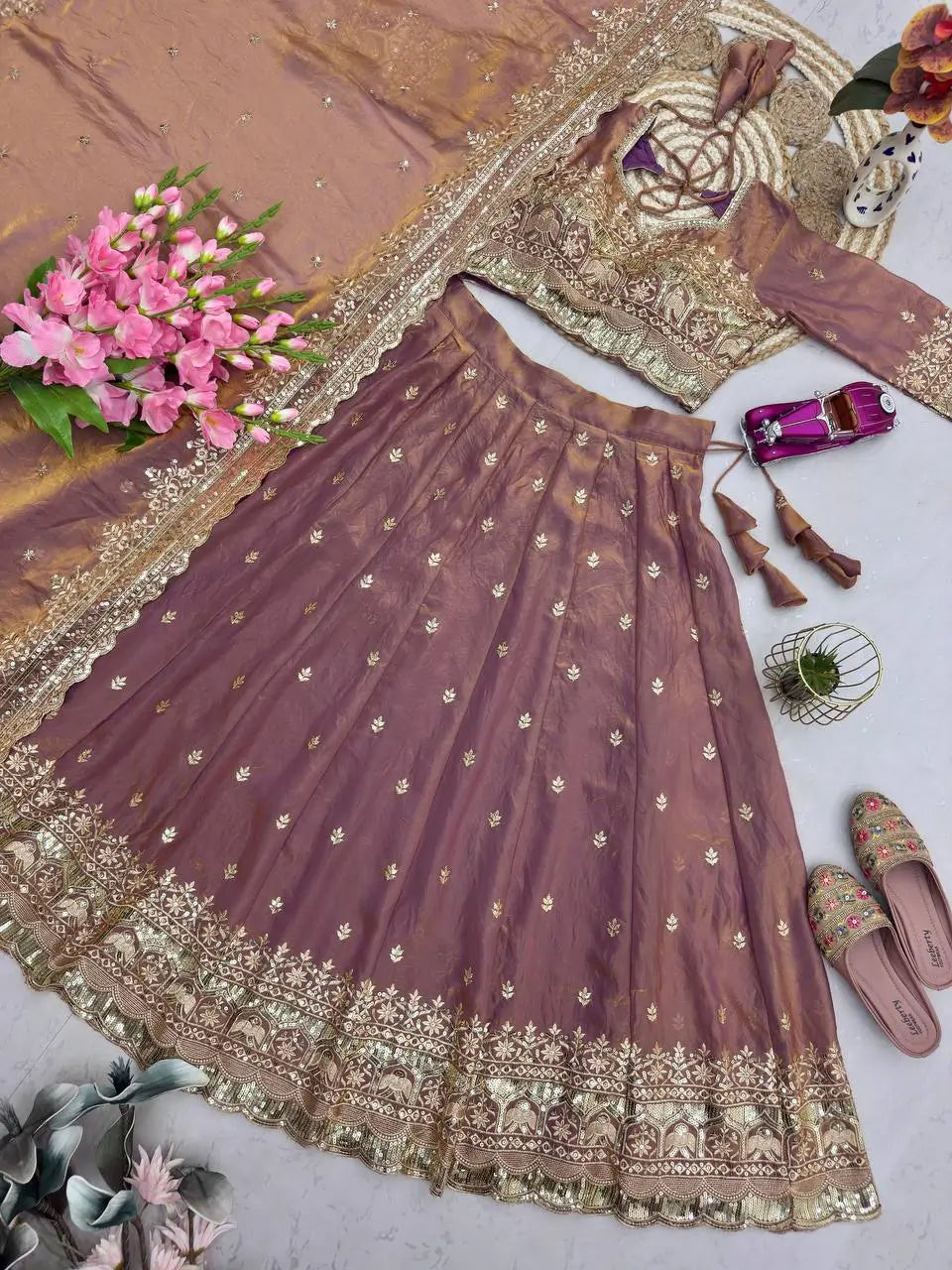 Two Tone Fandy Silk Embroidered Lehenga Choli Set for Wedding and Festive Wear