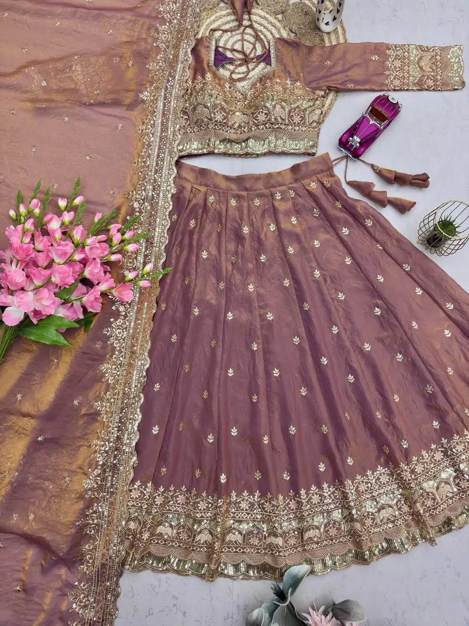 Two Tone Fandy Silk Embroidered Lehenga Choli Set for Wedding and Festive Wear