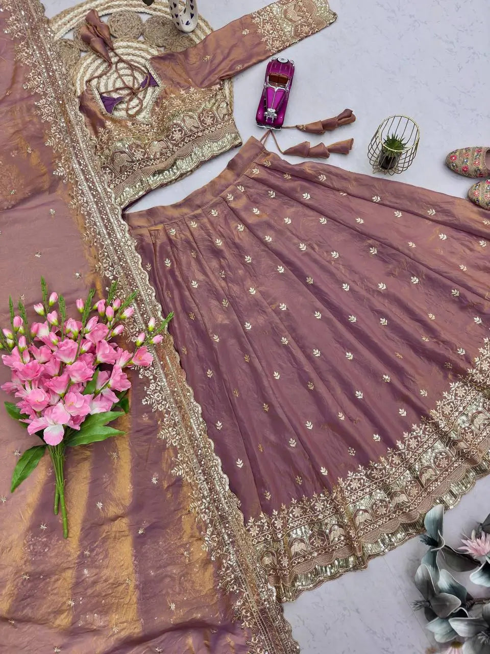 Two Tone Fandy Silk Embroidered Lehenga Choli Set for Wedding and Festive Wear