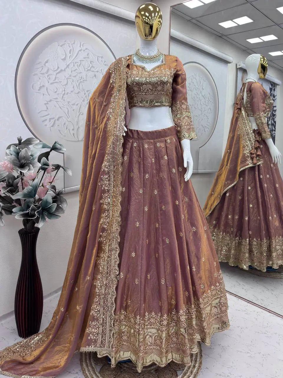 Two Tone Fandy Silk Embroidered Lehenga Choli Set for Wedding and Festive Wear