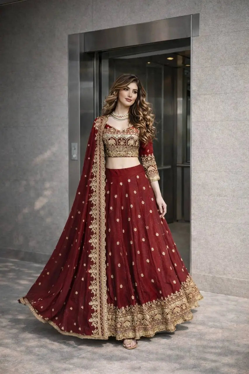 Two Tone Fandy Silk Embroidered Lehenga Choli Set for Wedding and Festive Wear
