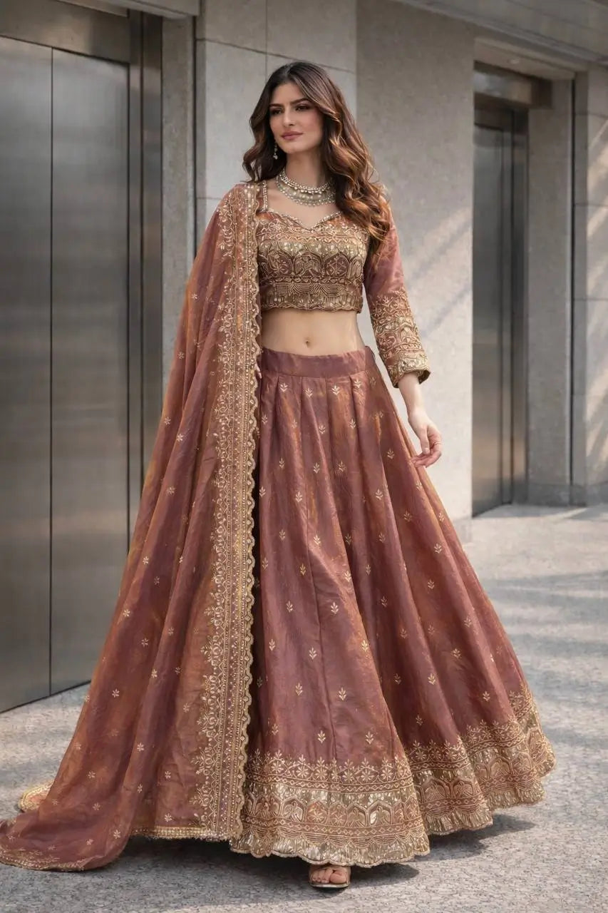 Two Tone Fandy Silk Embroidered Lehenga Choli Set for Wedding and Festive Wear