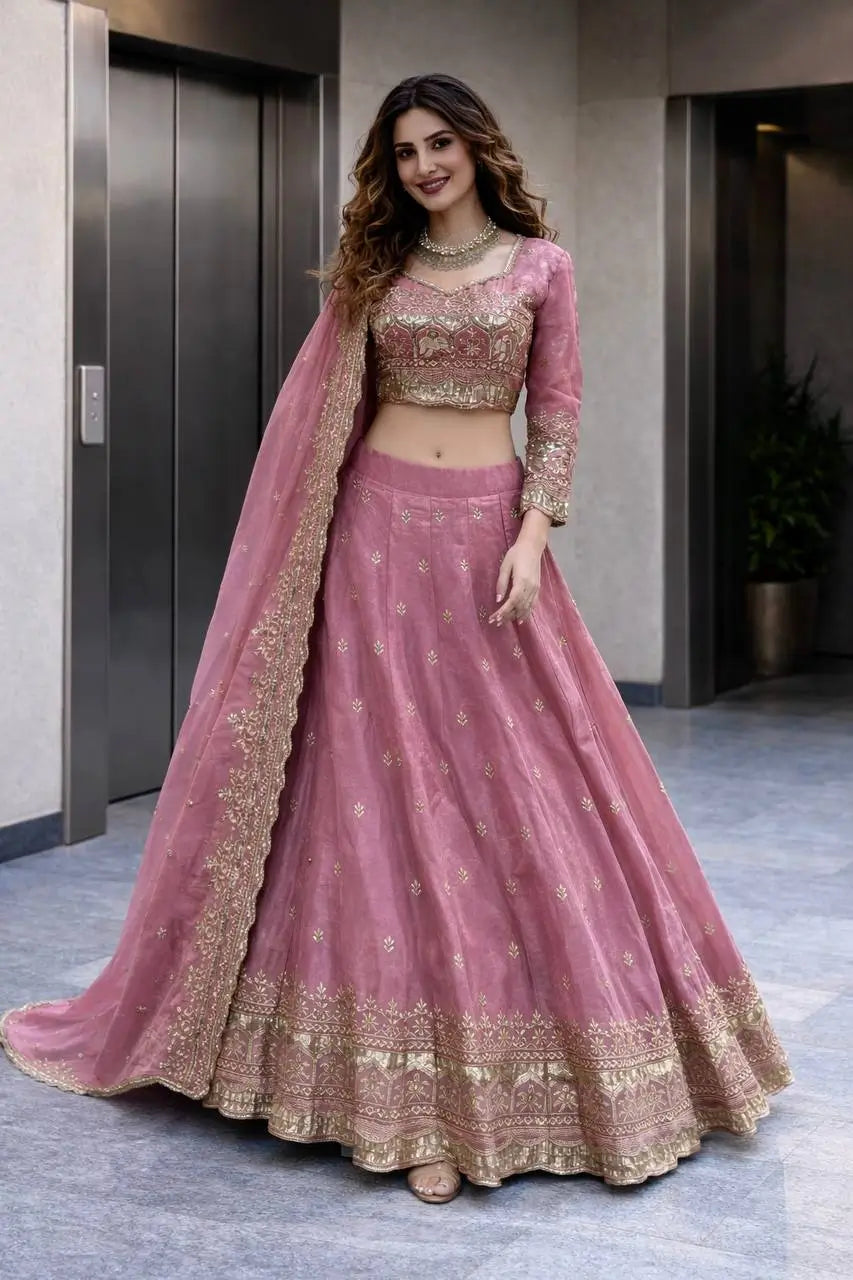 Two Tone Fandy Silk Embroidered Lehenga Choli Set for Wedding and Festive Wear