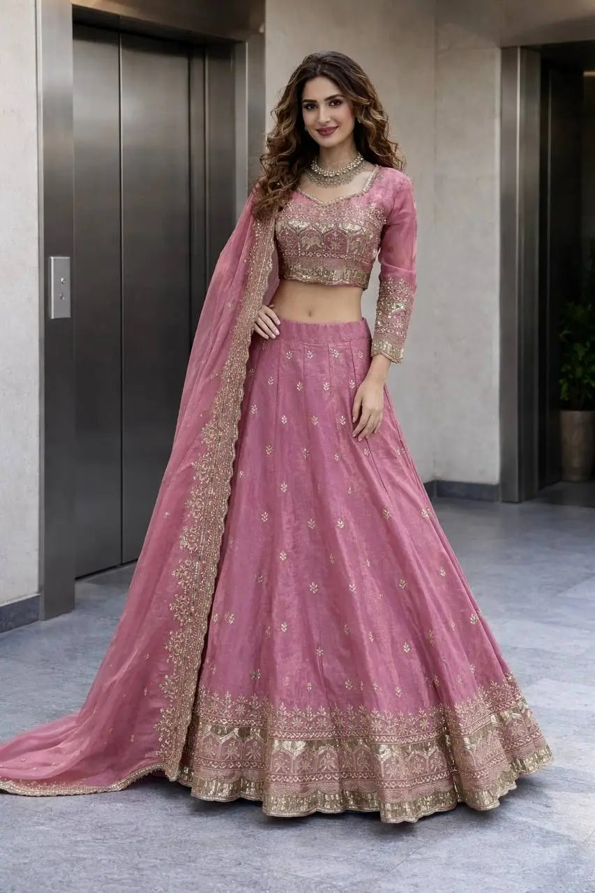 Two Tone Fandy Silk Embroidered Lehenga Choli Set for Wedding and Festive Wear
