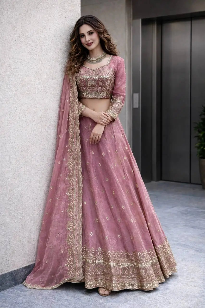 Two Tone Fandy Silk Embroidered Lehenga Choli Set for Wedding and Festive Wear