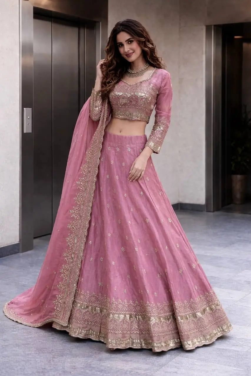 Two Tone Fandy Silk Embroidered Lehenga Choli Set for Wedding and Festive Wear