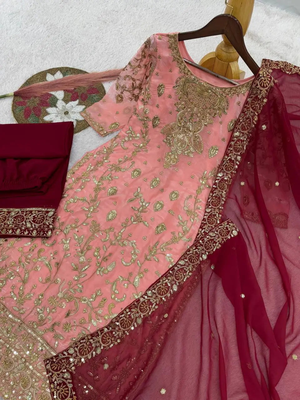 Two Tone Frendy Silk Embroidered Kurti Palazzo Set for Wedding and Festive Wear
