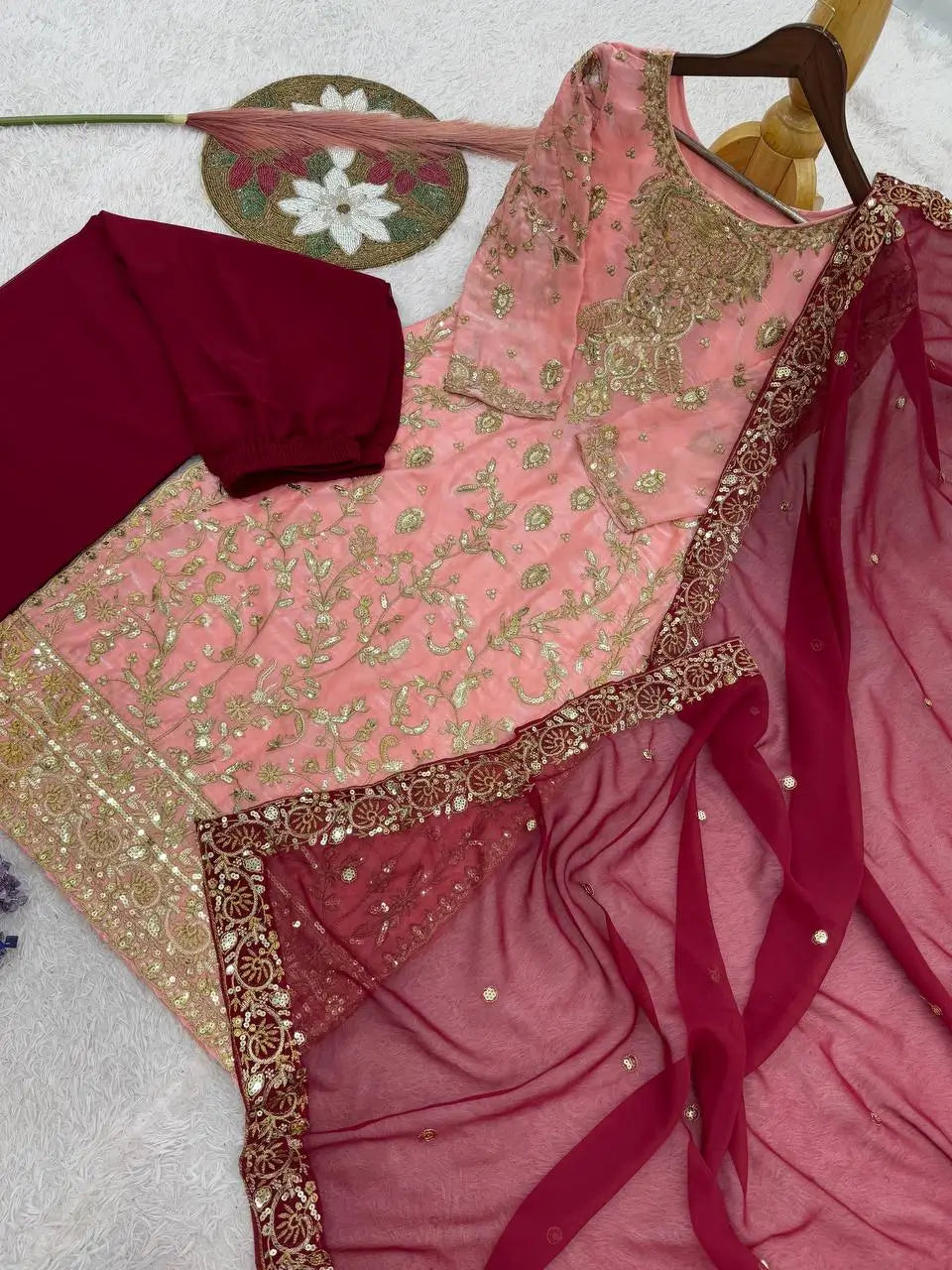 Two Tone Frendy Silk Embroidered Kurti Palazzo Set for Wedding and Festive Wear