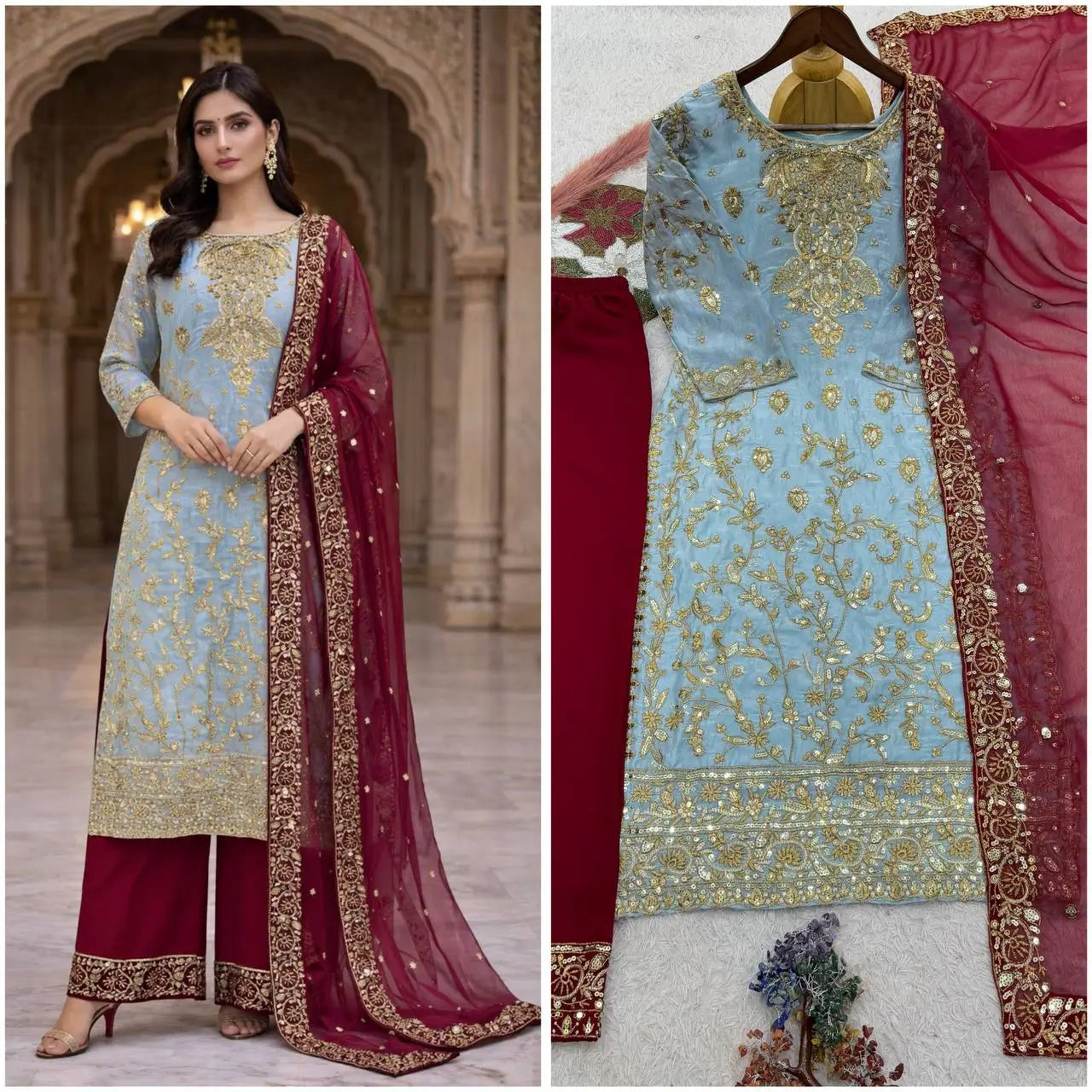 Two Tone Frendy Silk Embroidered Kurti Palazzo Set for Wedding and Festive Wear