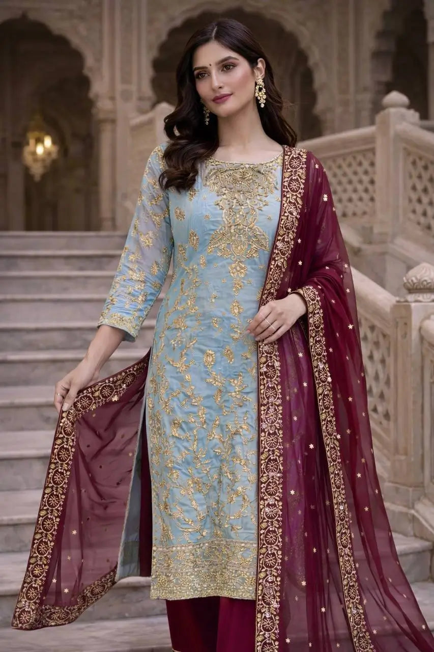 Two Tone Frendy Silk Embroidered Kurti Palazzo Set for Wedding and Festive Wear