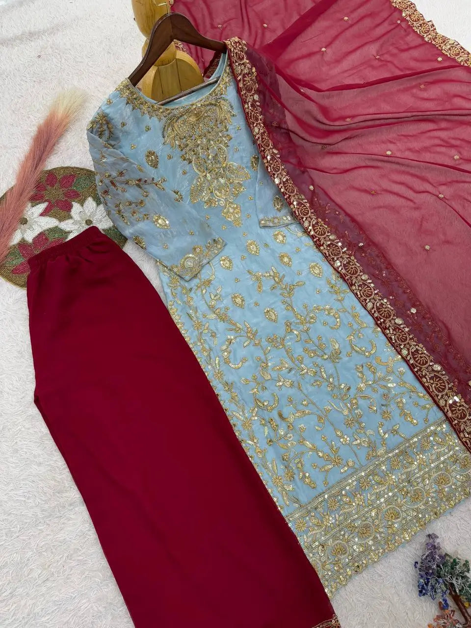 Two Tone Frendy Silk Embroidered Kurti Palazzo Set for Wedding and Festive Wear