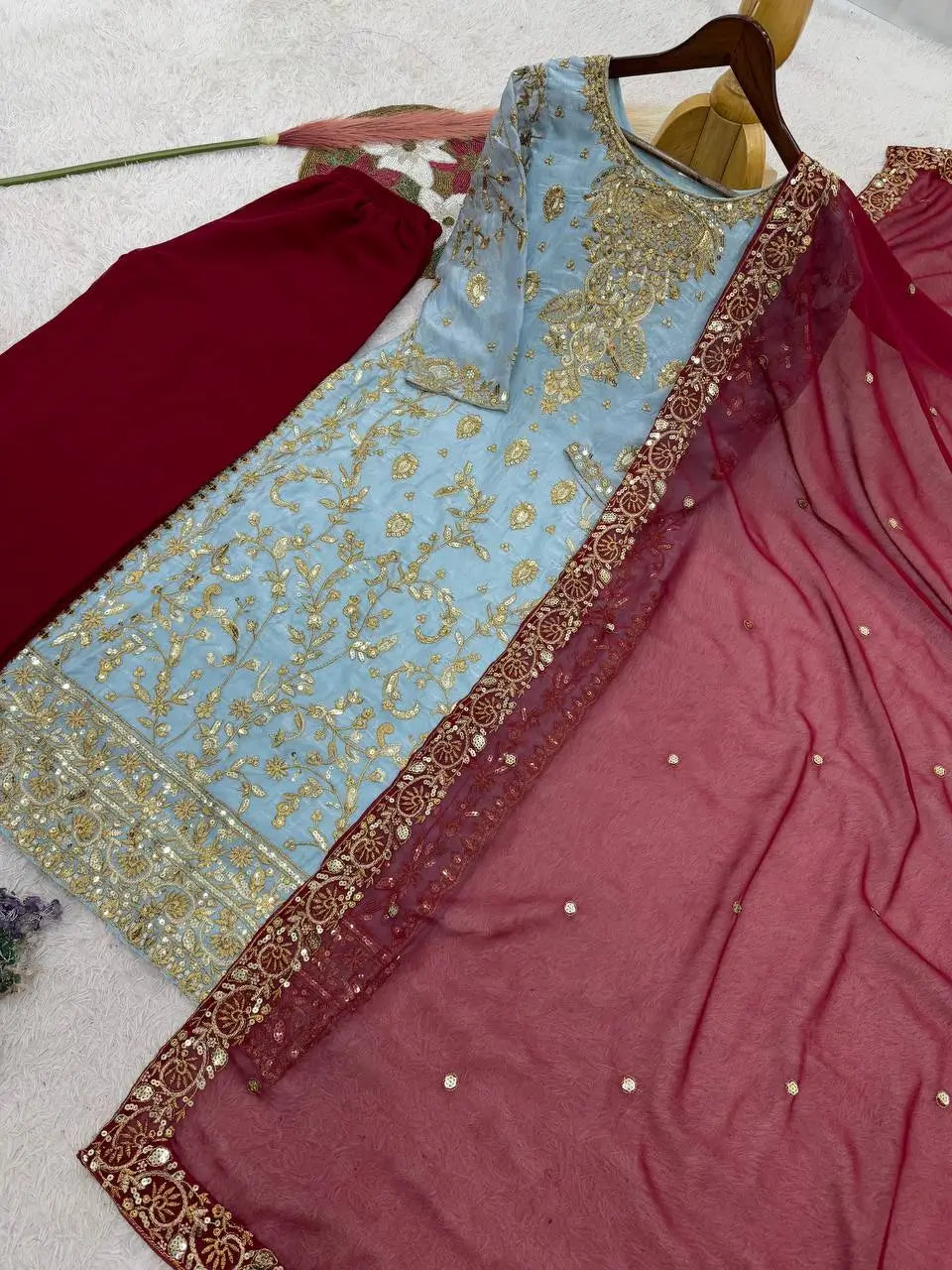 Two Tone Frendy Silk Embroidered Kurti Palazzo Set for Wedding and Festive Wear