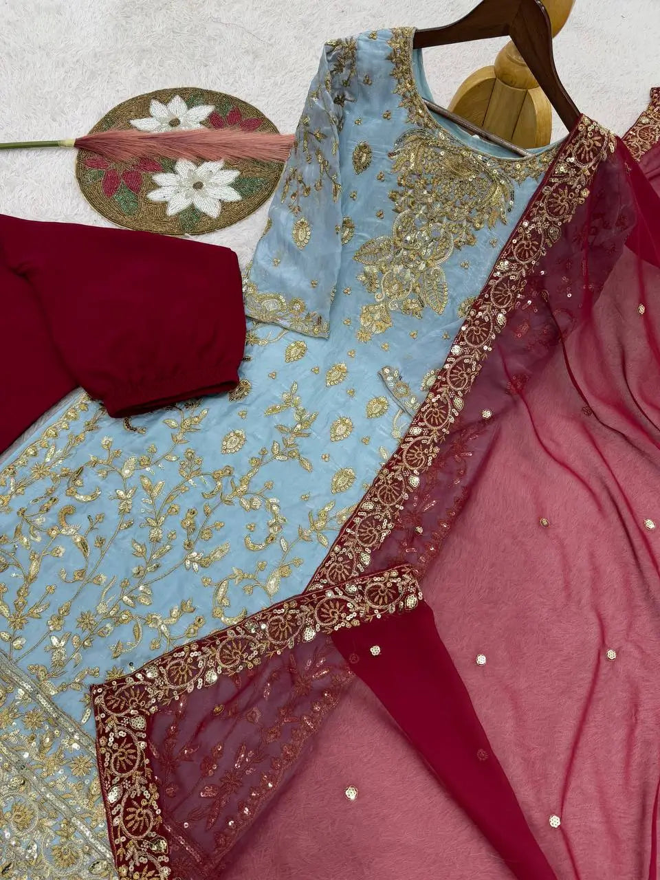 Two Tone Frendy Silk Embroidered Kurti Palazzo Set for Wedding and Festive Wear