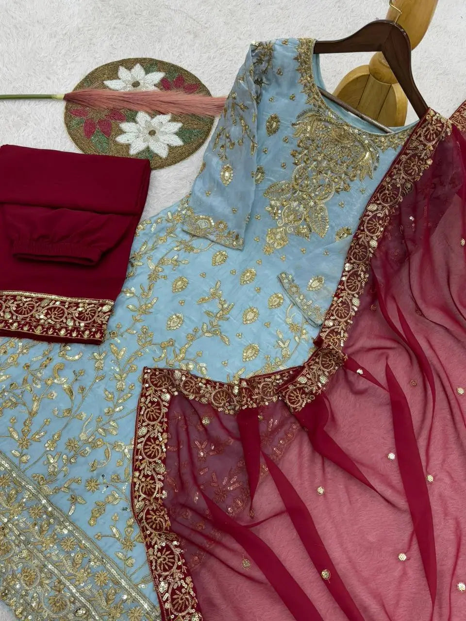 Two Tone Frendy Silk Embroidered Kurti Palazzo Set for Wedding and Festive Wear