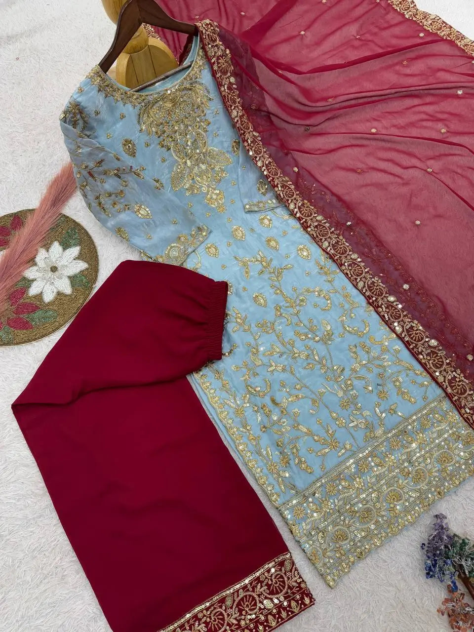 Two Tone Frendy Silk Embroidered Kurti Palazzo Set for Wedding and Festive Wear