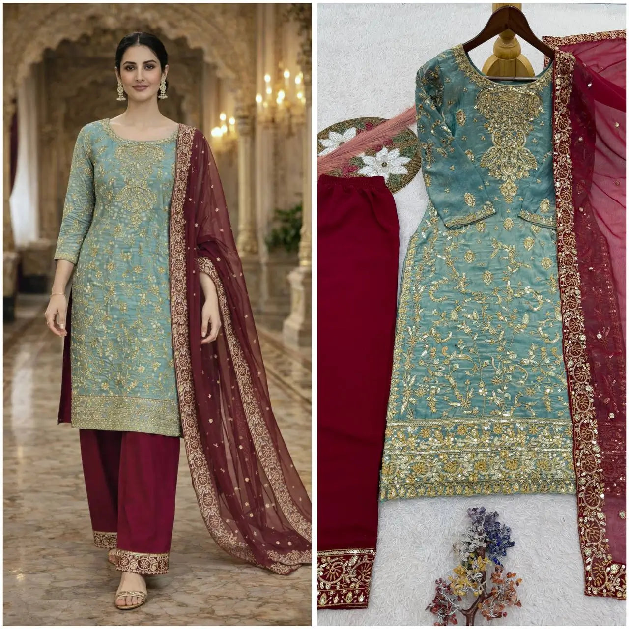 Two Tone Frendy Silk Embroidered Kurti Palazzo Set for Wedding and Festive Wear