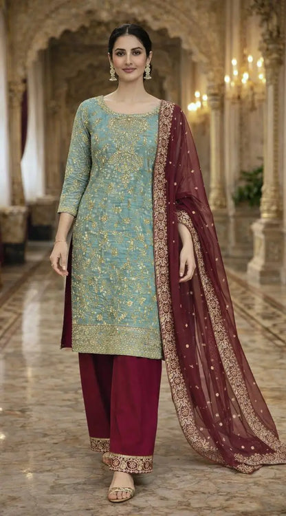 Two Tone Frendy Silk Embroidered Kurti Palazzo Set for Wedding and Festive Wear