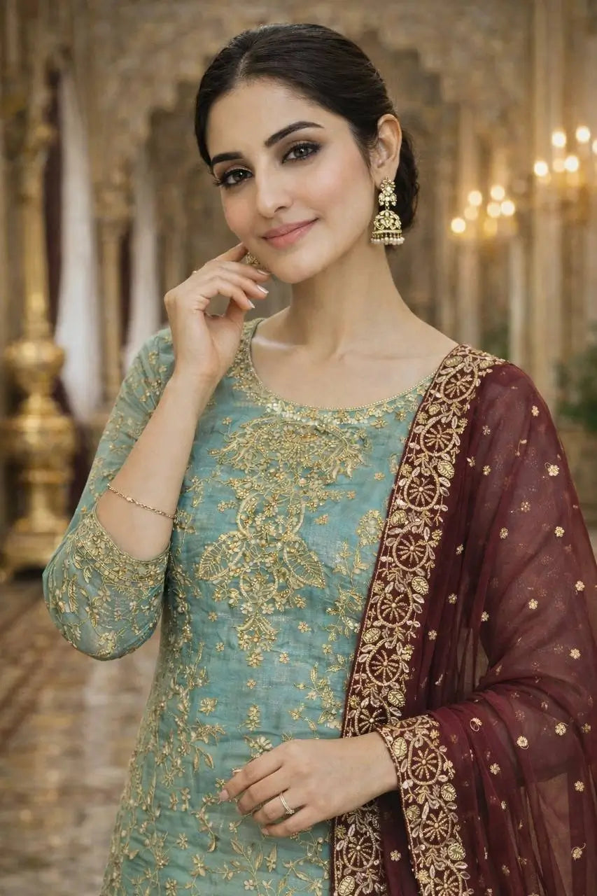 Two Tone Frendy Silk Embroidered Kurti Palazzo Set for Wedding and Festive Wear
