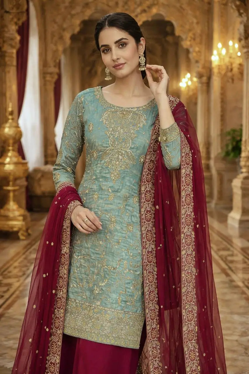 Two Tone Frendy Silk Embroidered Kurti Palazzo Set for Wedding and Festive Wear