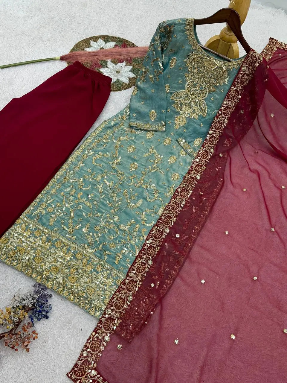 Two Tone Frendy Silk Embroidered Kurti Palazzo Set for Wedding and Festive Wear