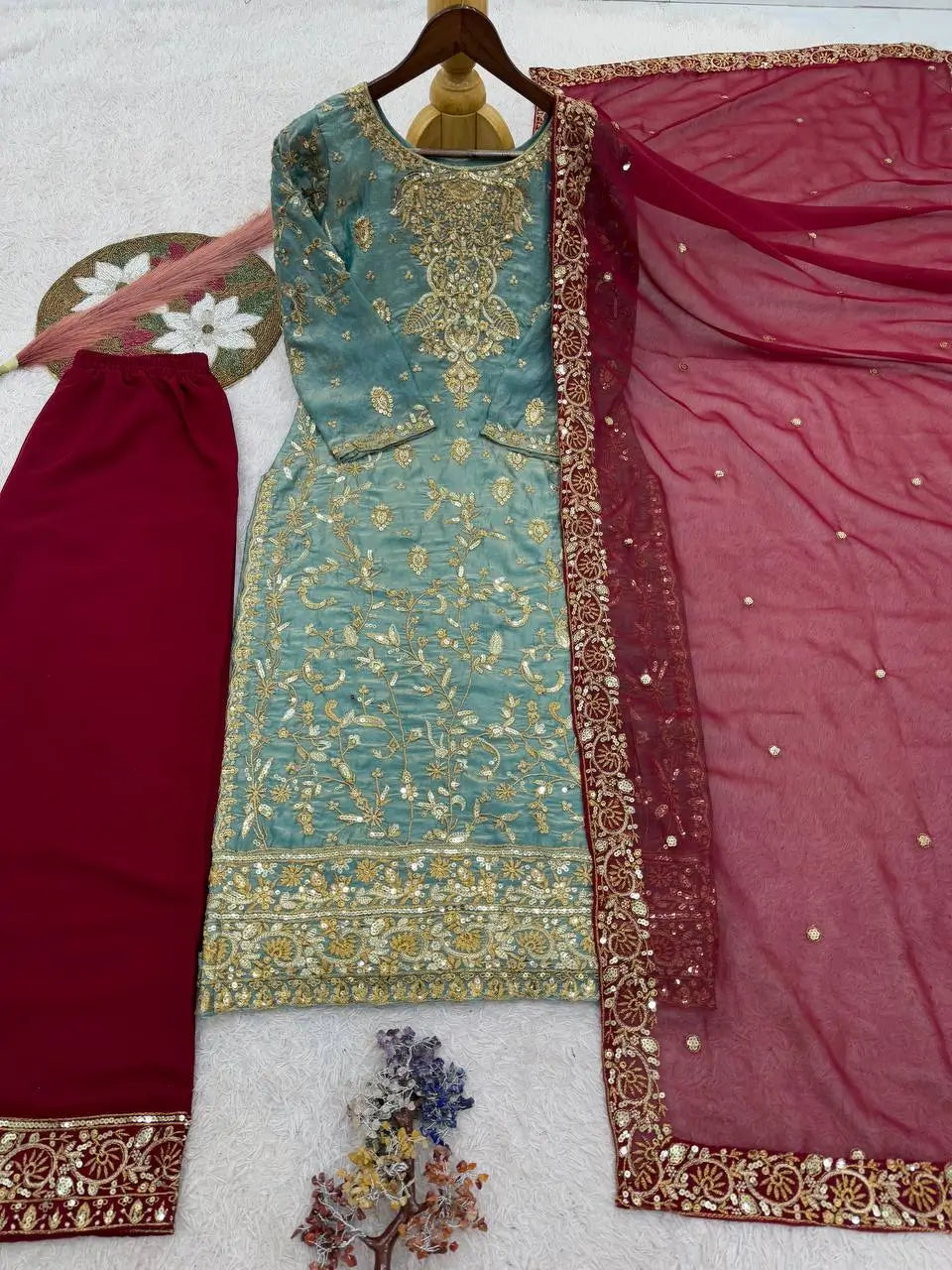 Two Tone Frendy Silk Embroidered Kurti Palazzo Set for Wedding and Festive Wear