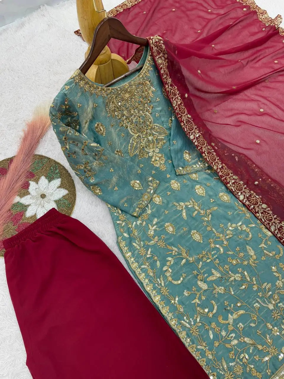 Two Tone Frendy Silk Embroidered Kurti Palazzo Set for Wedding and Festive Wear