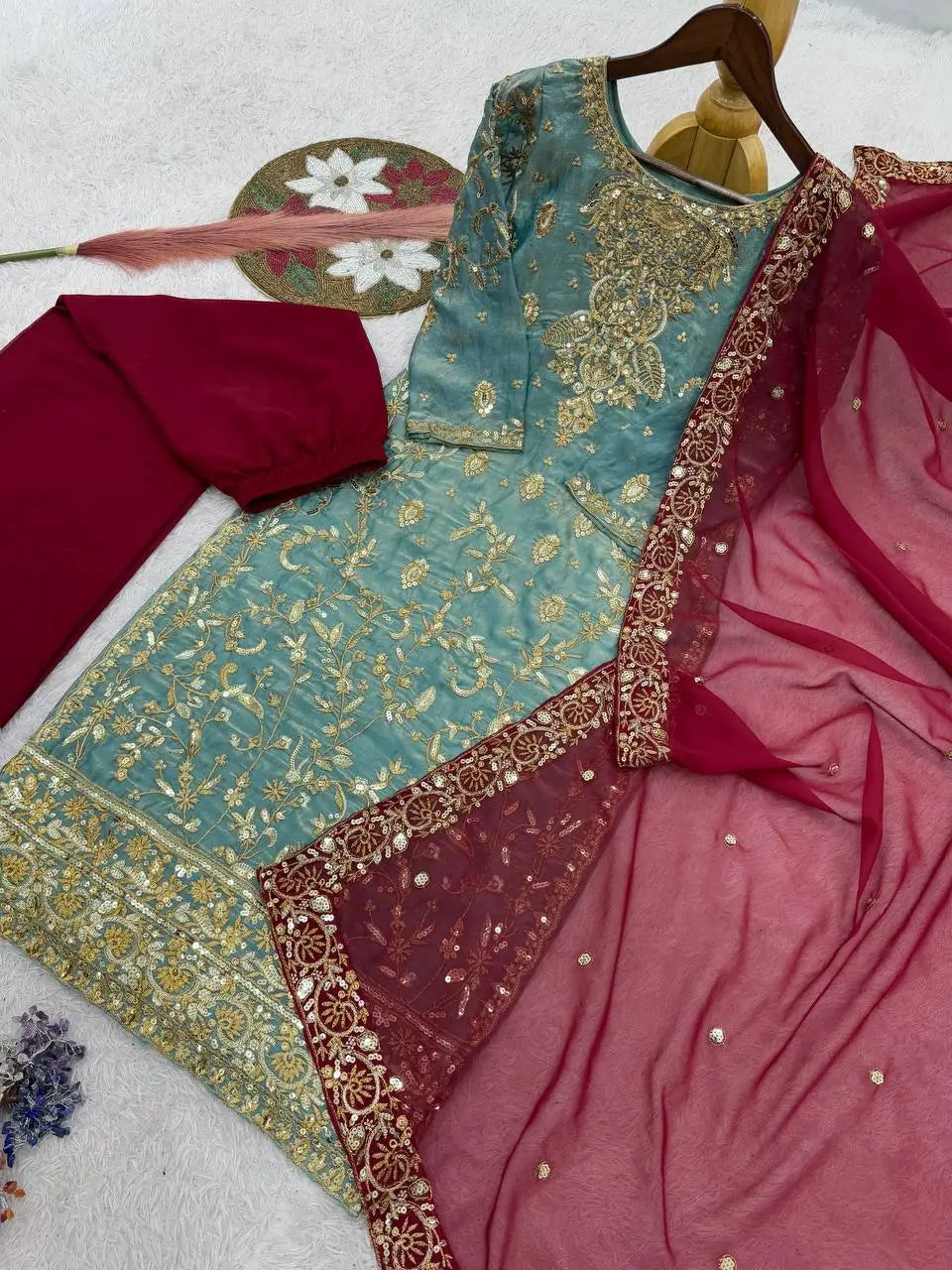 Two Tone Frendy Silk Embroidered Kurti Palazzo Set for Wedding and Festive Wear