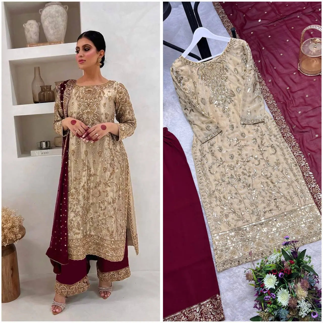 Two Tone Frendy Silk Embroidered Kurti Palazzo Set for Wedding and Festive Wear