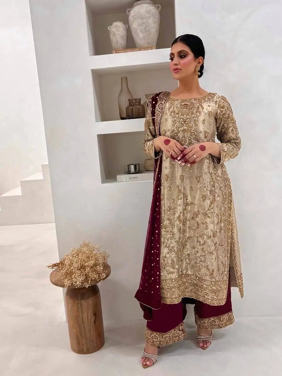 Two Tone Frendy Silk Embroidered Kurti Palazzo Set for Wedding and Festive Wear