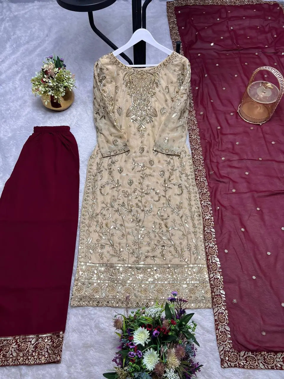 Two Tone Frendy Silk Embroidered Kurti Palazzo Set for Wedding and Festive Wear