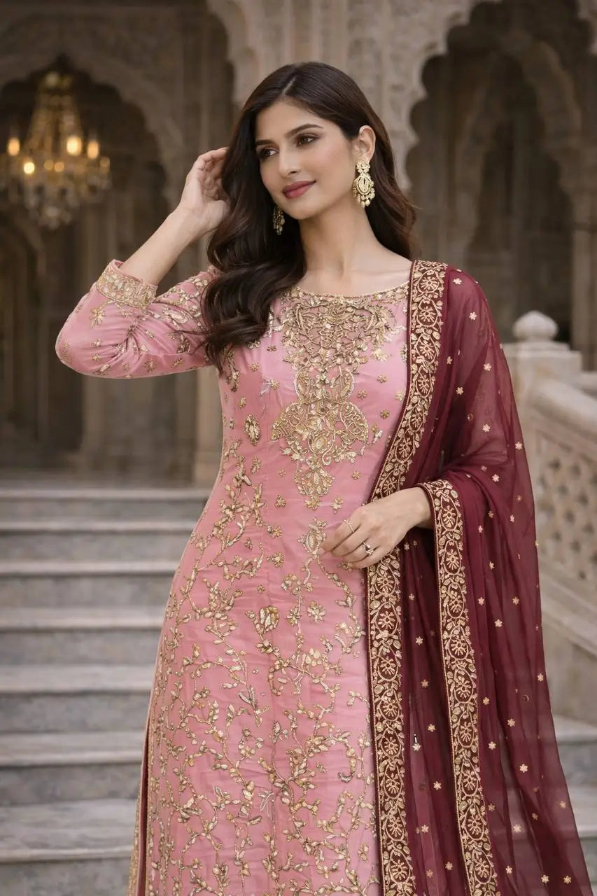 Two Tone Frendy Silk Embroidered Kurti Palazzo Set for Wedding and Festive Wear