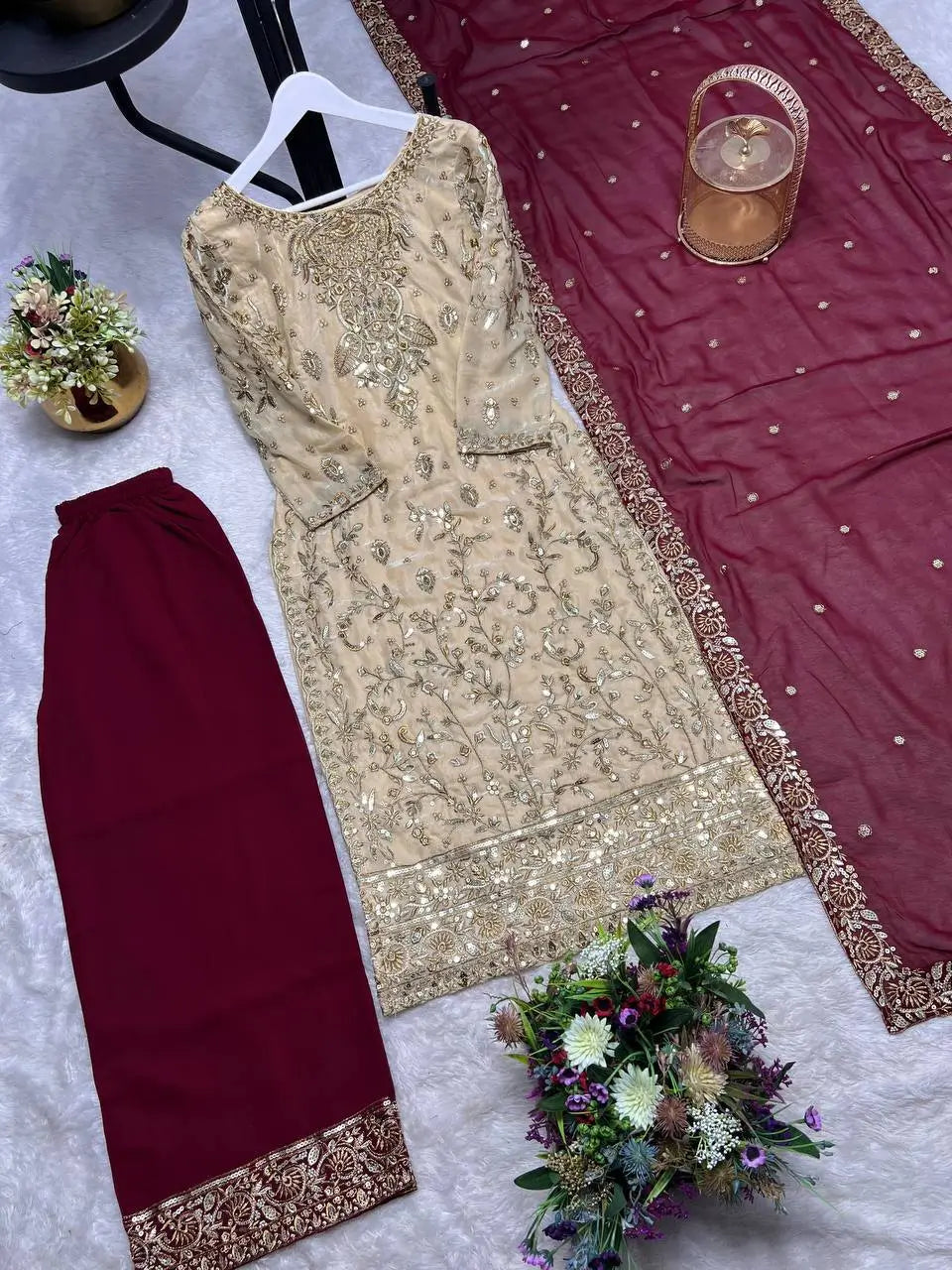 Two Tone Frendy Silk Embroidered Kurti Palazzo Set for Wedding and Festive Wear