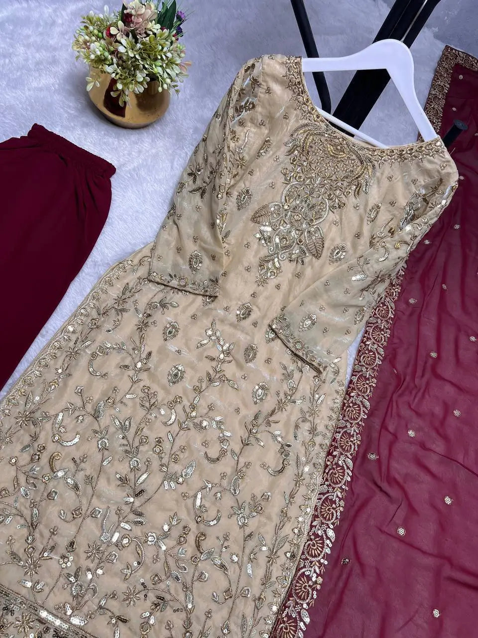 Two Tone Frendy Silk Embroidered Kurti Palazzo Set for Wedding and Festive Wear