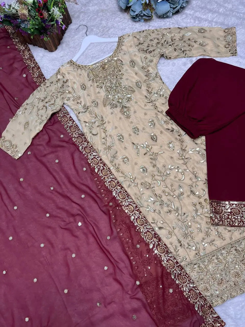 Two Tone Frendy Silk Embroidered Kurti Palazzo Set for Wedding and Festive Wear
