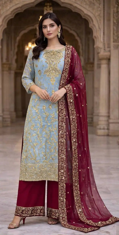 Two Tone Frendy Silk Embroidered Kurti Palazzo Set for Wedding and Festive Wear