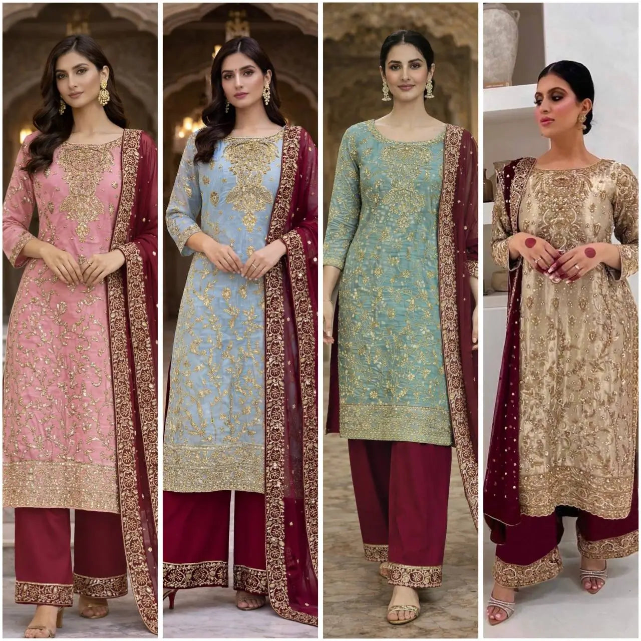 Two Tone Frendy Silk Embroidered Kurti Palazzo Set for Wedding and Festive Wear