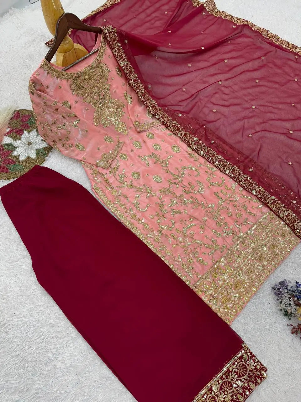 Two Tone Frendy Silk Embroidered Kurti Palazzo Set for Wedding and Festive Wear