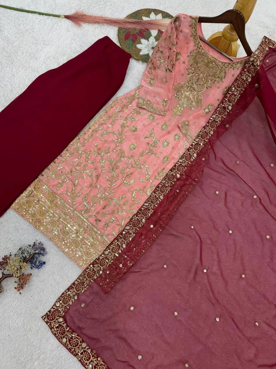 Two Tone Frendy Silk Embroidered Kurti Palazzo Set for Wedding and Festive Wear