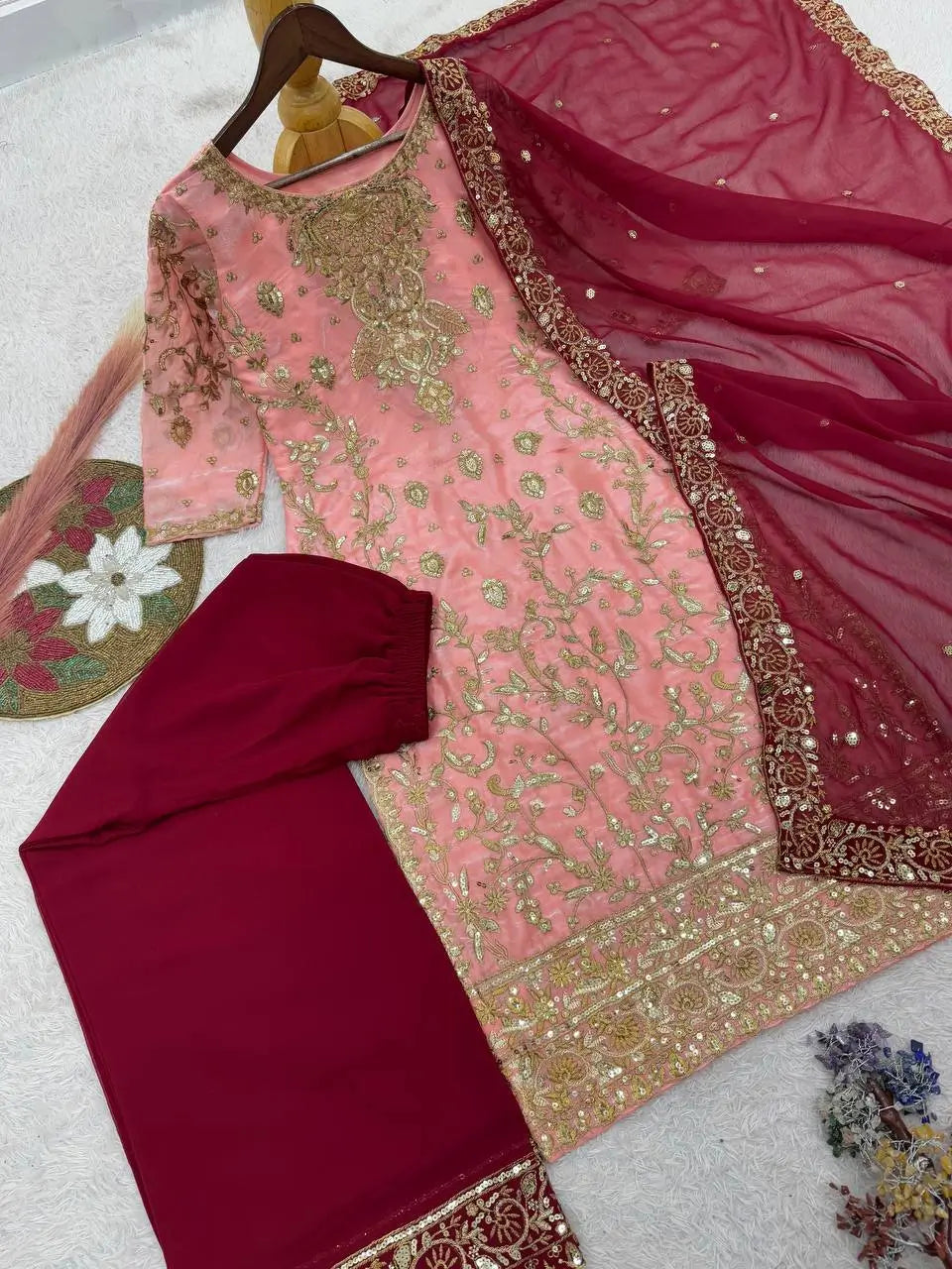 Two Tone Frendy Silk Embroidered Kurti Palazzo Set for Wedding and Festive Wear