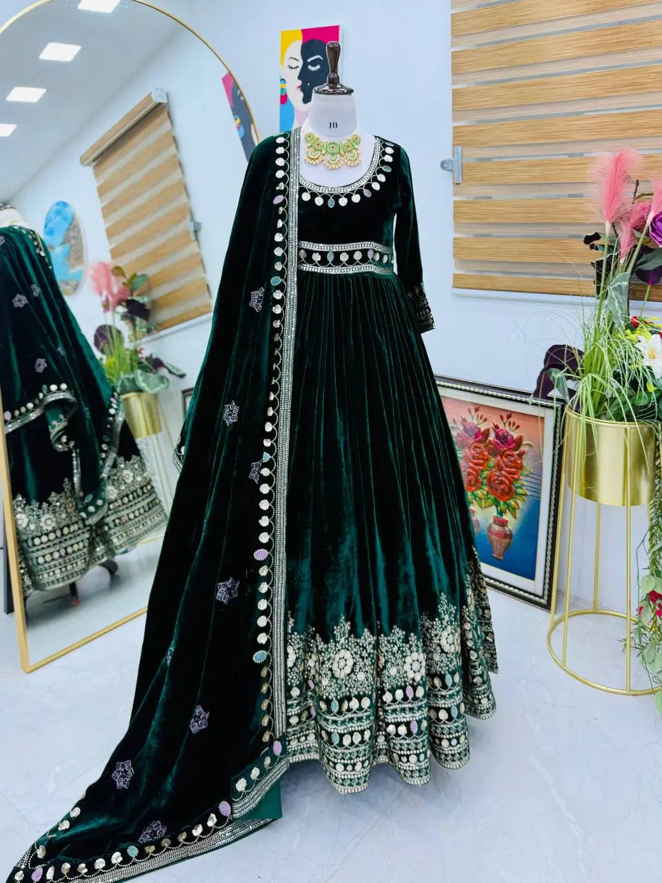 Velvet Embroidered Anarkali Gown Set