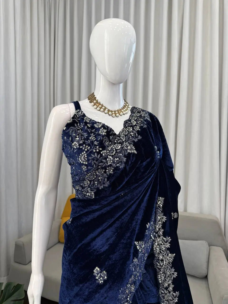 Velvet Embroidered Designer Saree