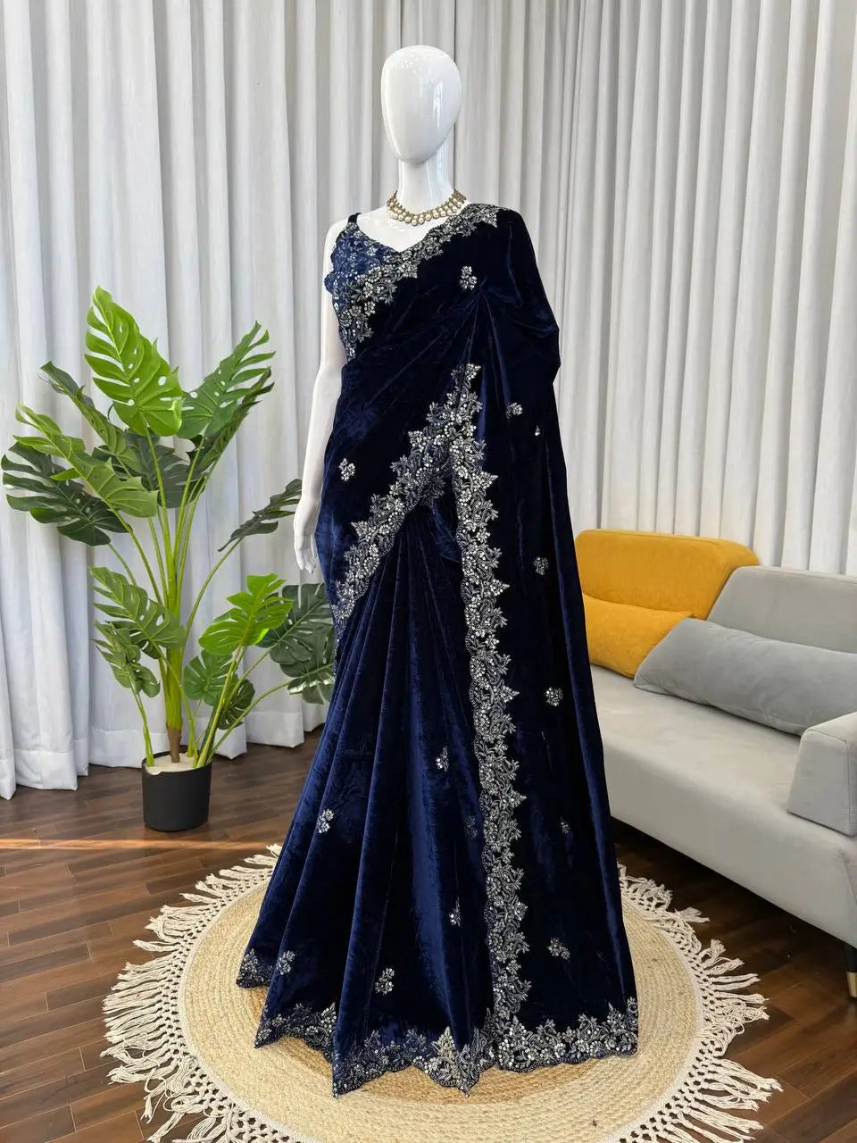 Velvet Embroidered Designer Saree