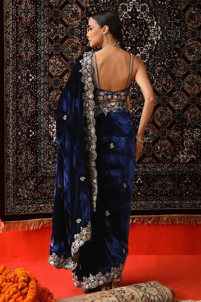 Velvet Embroidered Designer Saree