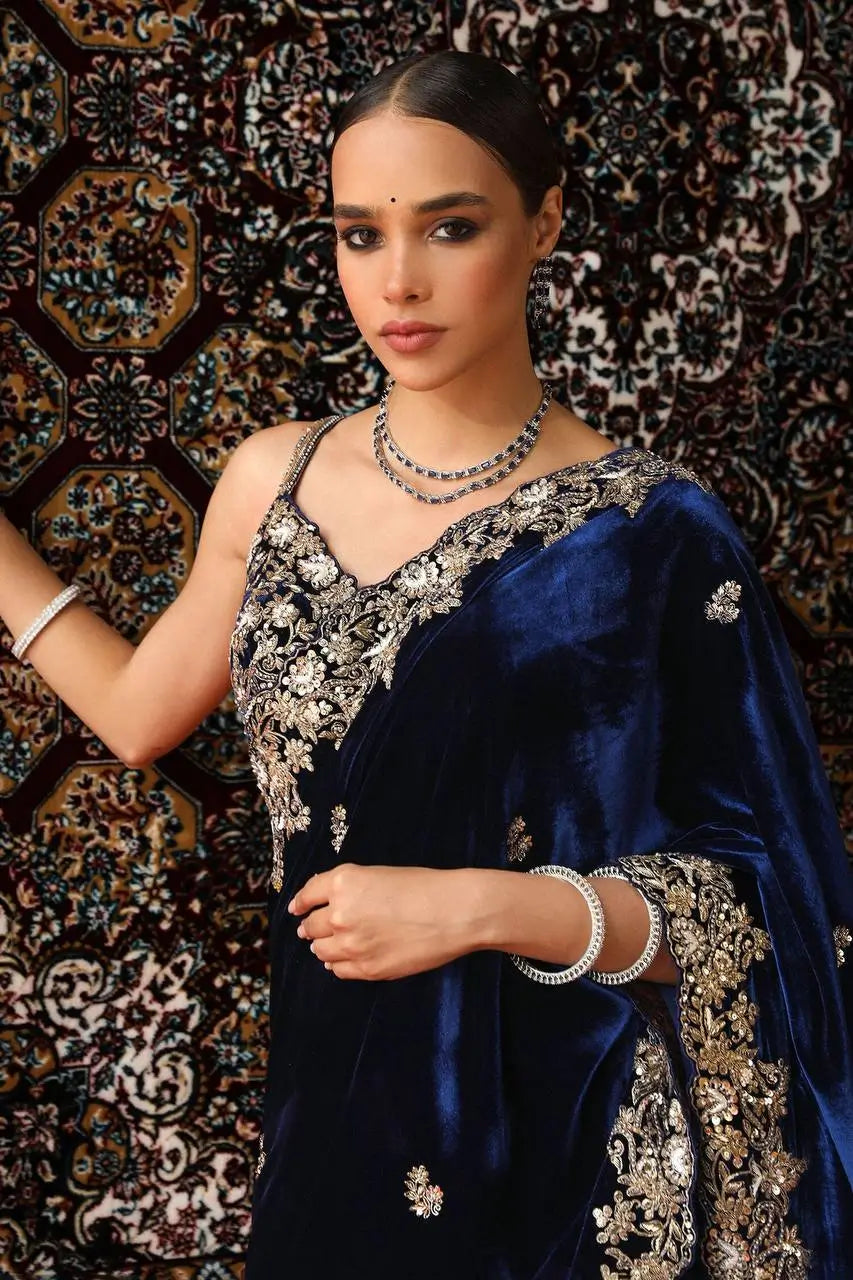 Velvet Embroidered Designer Saree