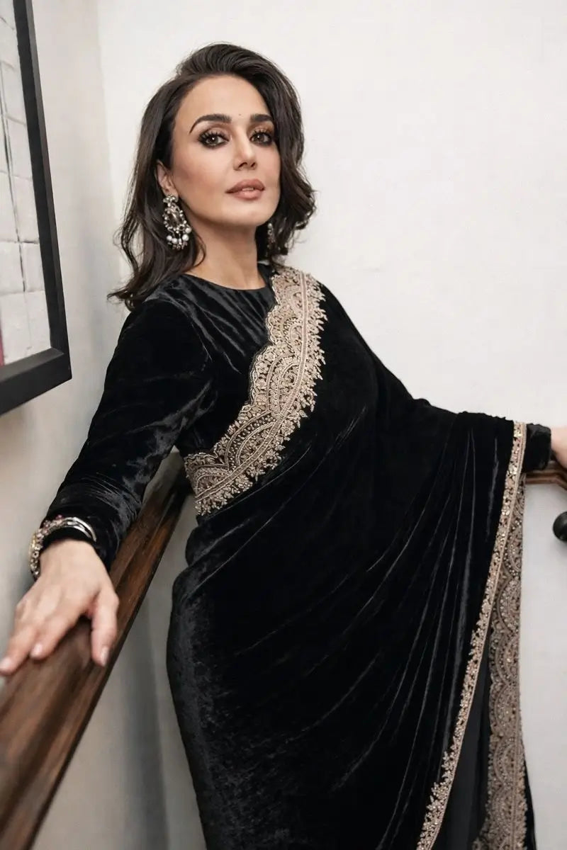 Velvet Embroidered Designer Saree