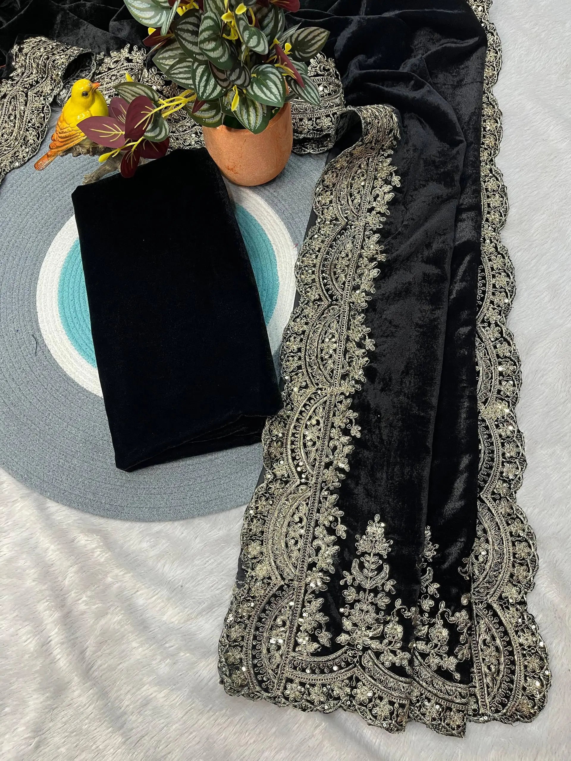 Velvet Embroidered Designer Saree