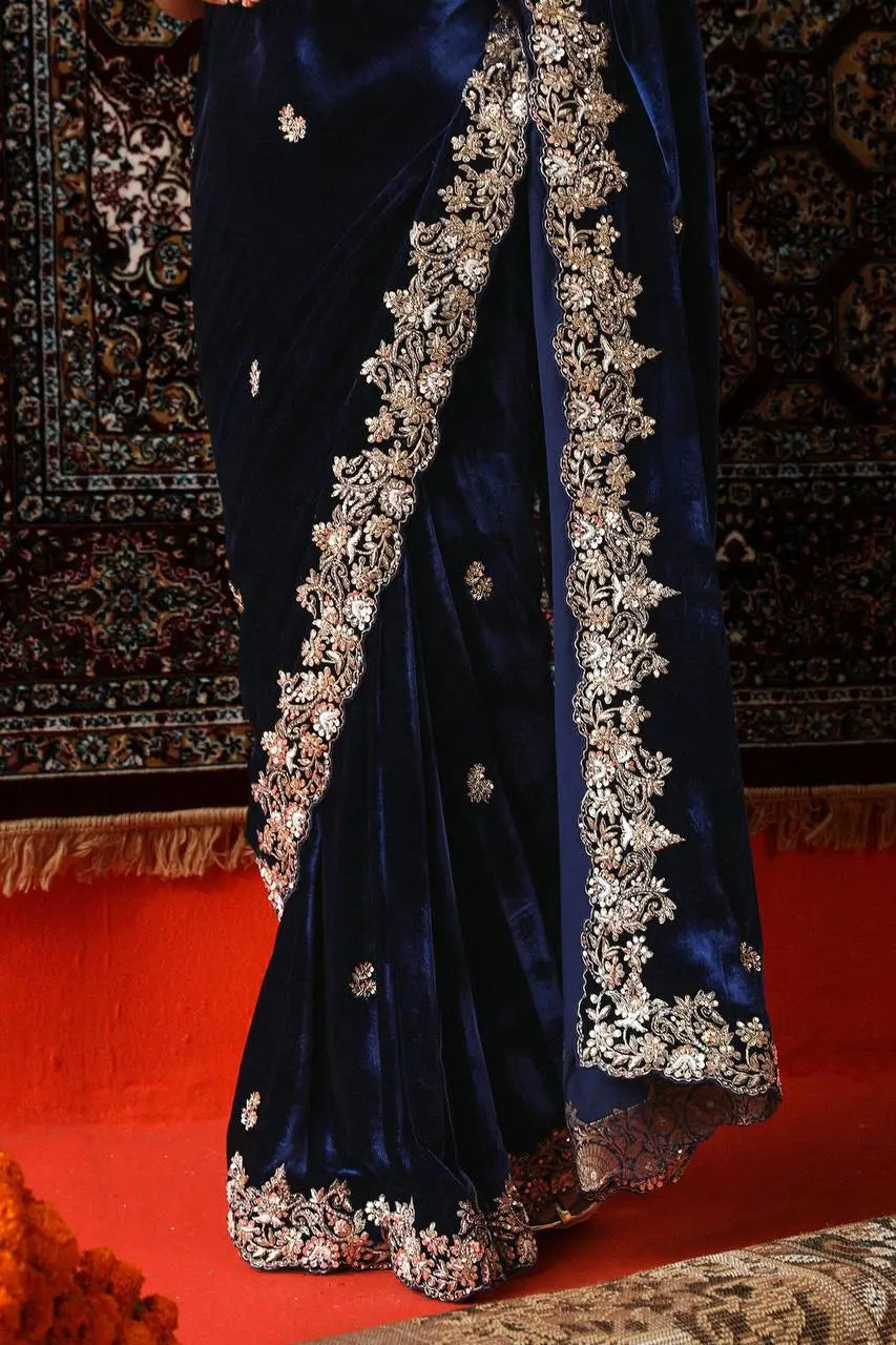 Velvet Embroidered Designer Saree