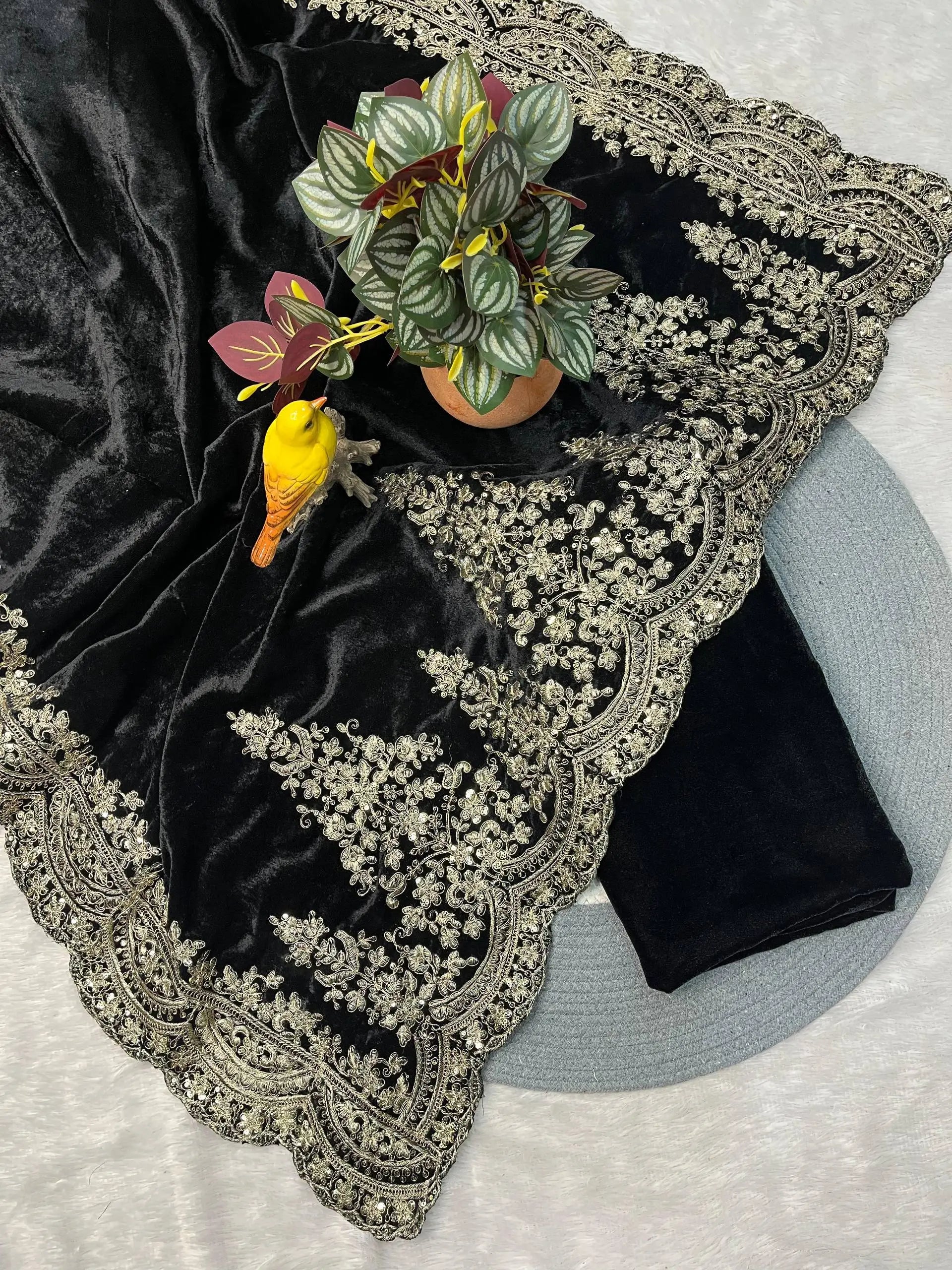 Velvet Embroidered Designer Saree